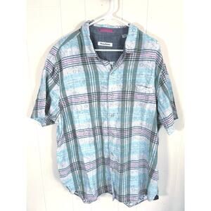 Tommy Bahama Mens 2XL Plaid Floral Short Sleeve Button Down Shirt Blue Resort